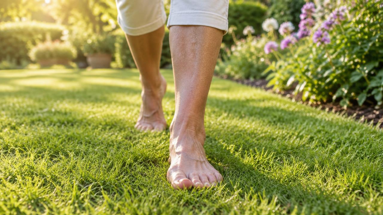 Person walking barefoot on grass in morning light