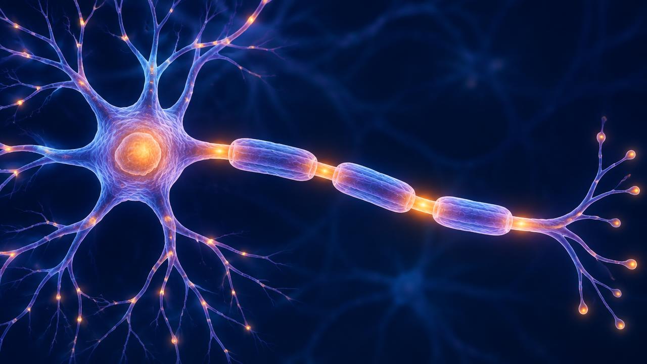 Illustration of a healthy nerve cell with myelin sheath